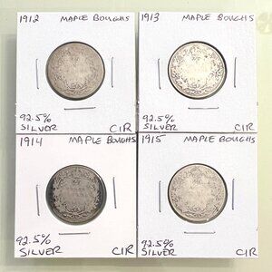 1912, 1913, 1914 & 1915 Canada Sterling Silver 4 x 25¢ Coins!